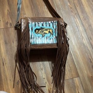 Brown Fringe Crossbody Bag with Buffalo Design